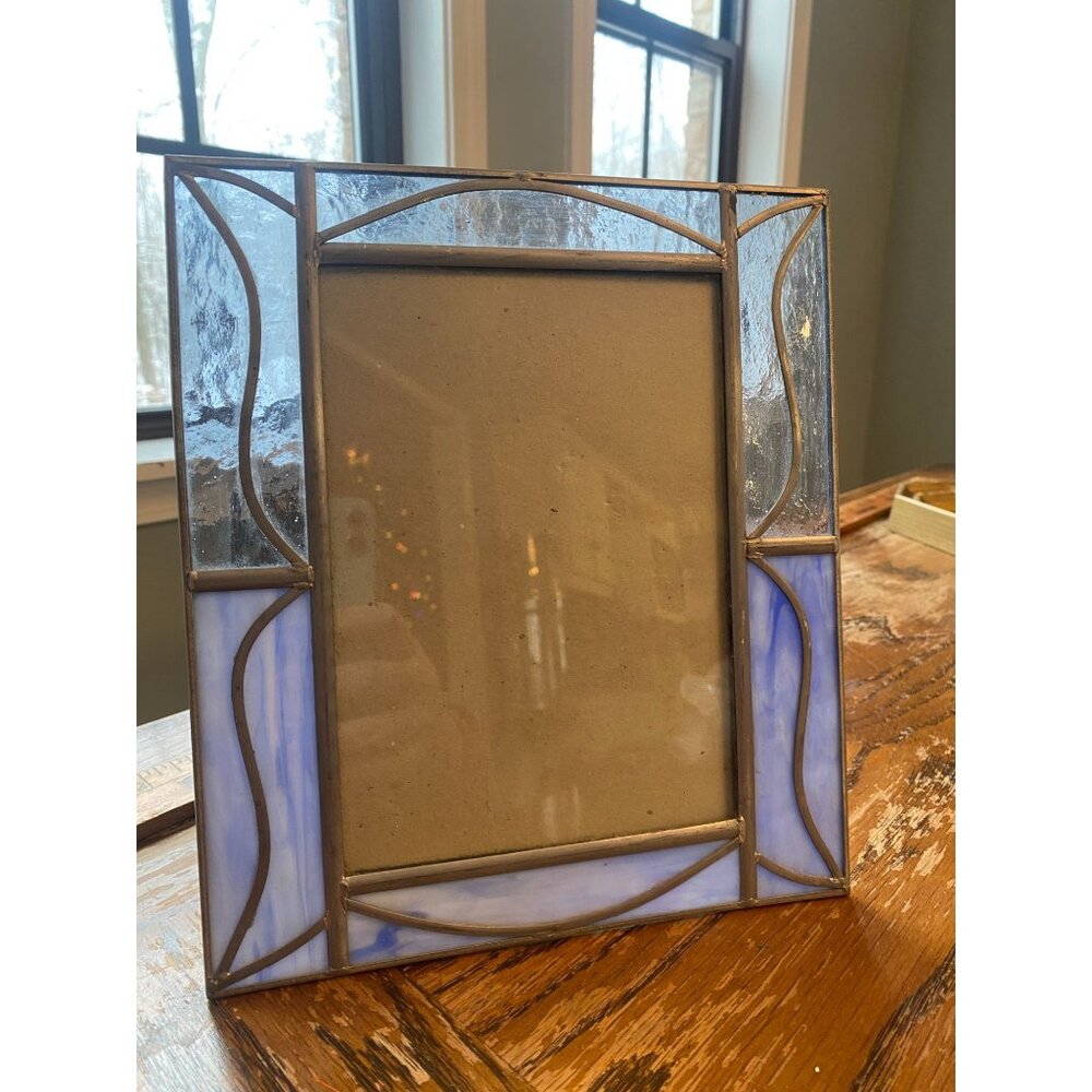 Vintage Carr Stained Glass Photo Frame With Blue & Clear Panels 8x10 Inches Silv